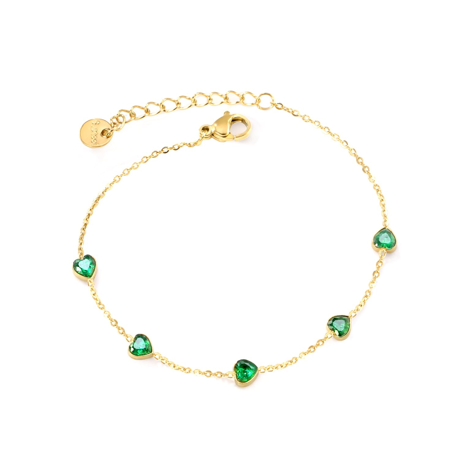 5mm heart shaped emerald zirconium accessories 0.3 cross chain *17+3cm+6mm round plaque bracelet gold color asonjewelry